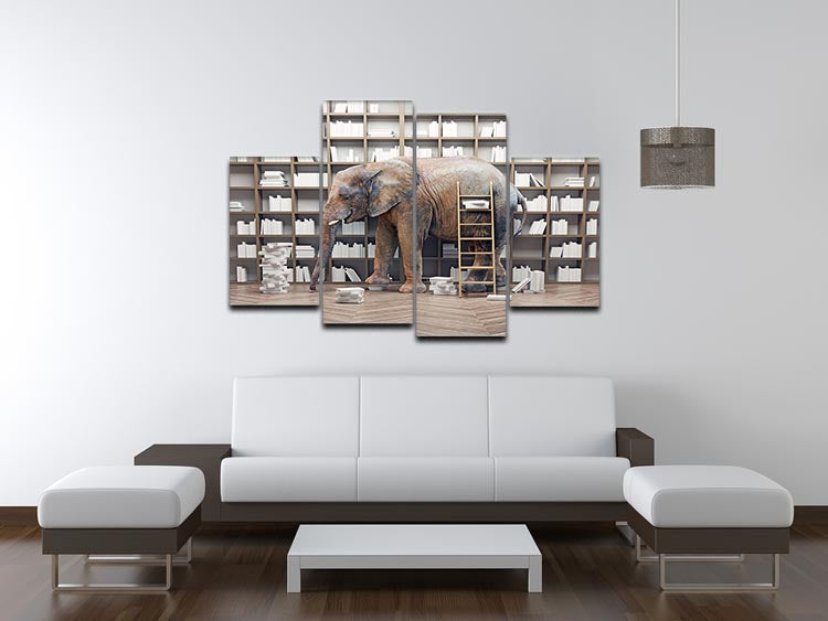 An elephant in the room with book shelves 4 Split Panel Canvas - Canvas Art Rocks - 3