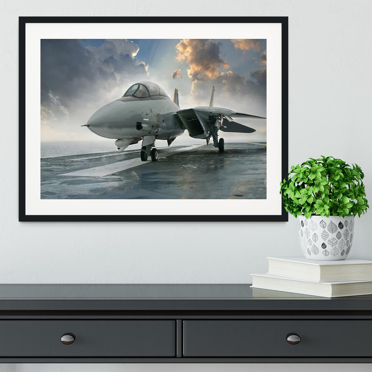 An jet fighter sits on the deck Framed Print - Canvas Art Rocks - 1