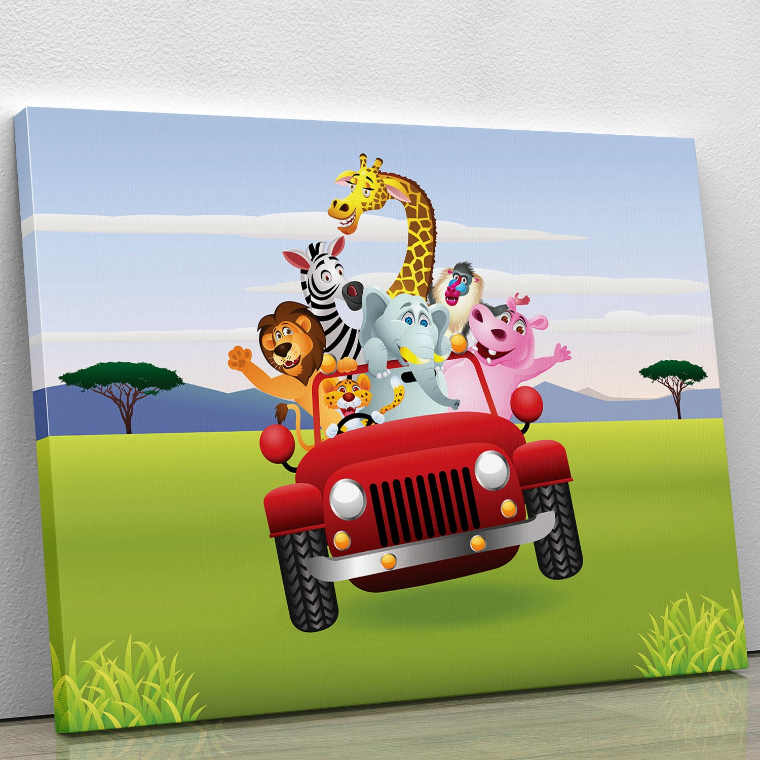 Animal Cartoon in red car Canvas Print or Poster - Canvas Art Rocks - 1
