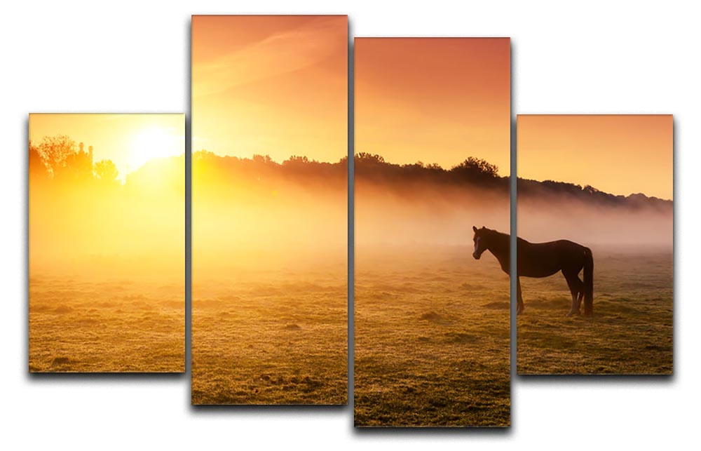 Arabian horses grazing on pasture at sundown in orange sunny beams. Dramatic foggy scene 4 Split Panel Canvas - Canvas Art Rocks - 1