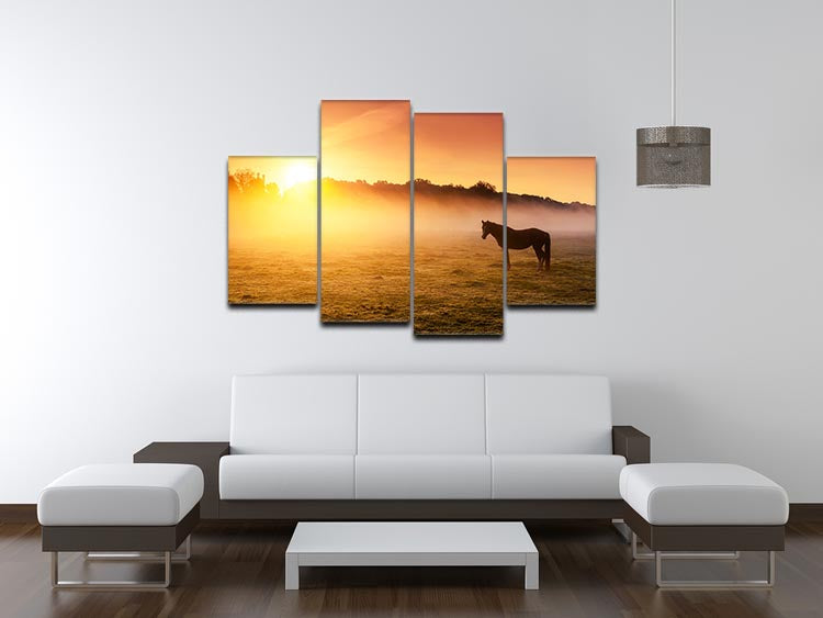 Arabian horses grazing on pasture at sundown in orange sunny beams. Dramatic foggy scene 4 Split Panel Canvas - Canvas Art Rocks - 3