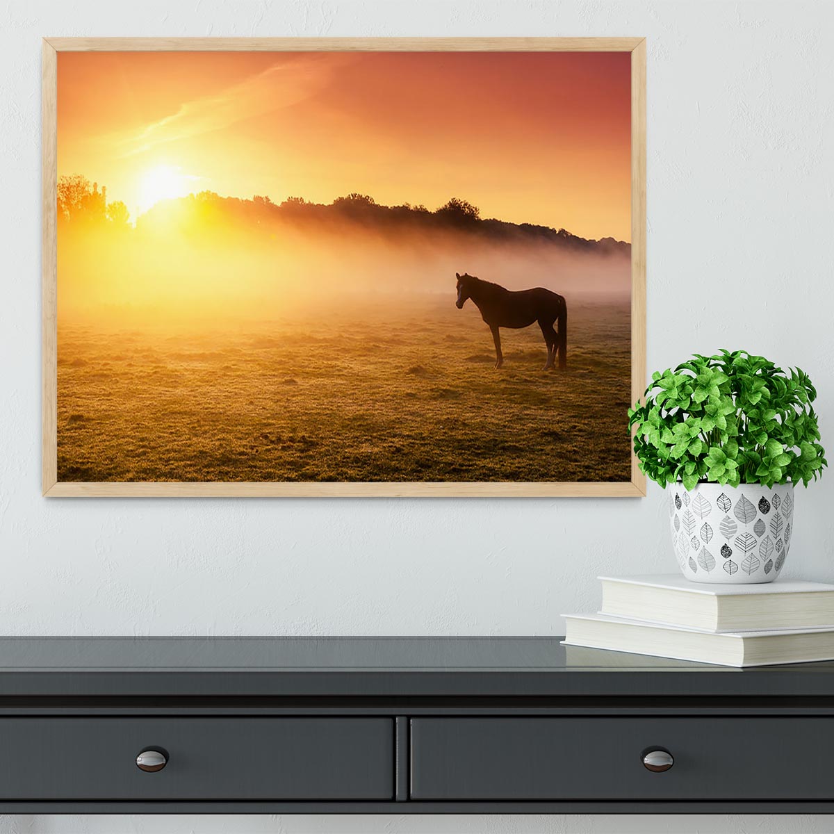 Arabian horses grazing on pasture at sundown in orange sunny beams. Dramatic foggy scene Framed Print - Canvas Art Rocks - 4