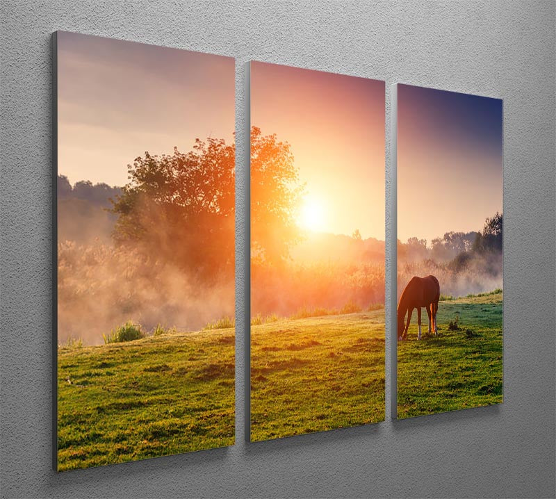 Arabian horses grazing on pasture at sundown in orange sunny beams 3 Split Panel Canvas Print - Canvas Art Rocks - 2