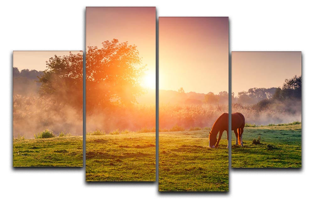 Arabian horses grazing on pasture at sundown in orange sunny beams 4 Split Panel Canvas - Canvas Art Rocks - 1