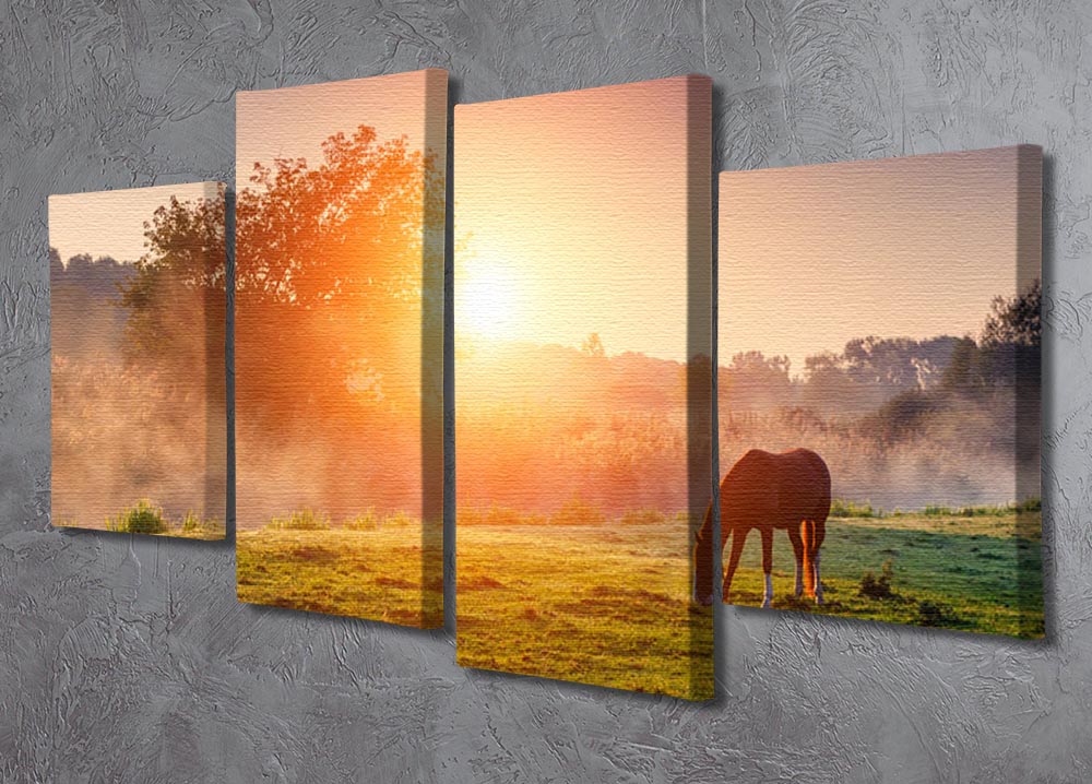 Arabian horses grazing on pasture at sundown in orange sunny beams 4 Split Panel Canvas - Canvas Art Rocks - 2