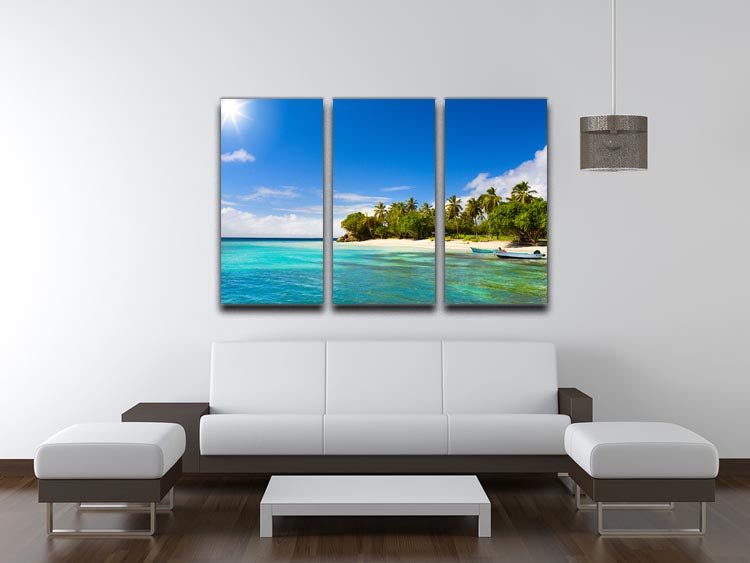 Art Caribbean beach with fishing boat 3 Split Panel Canvas Print - Canvas Art Rocks - 3