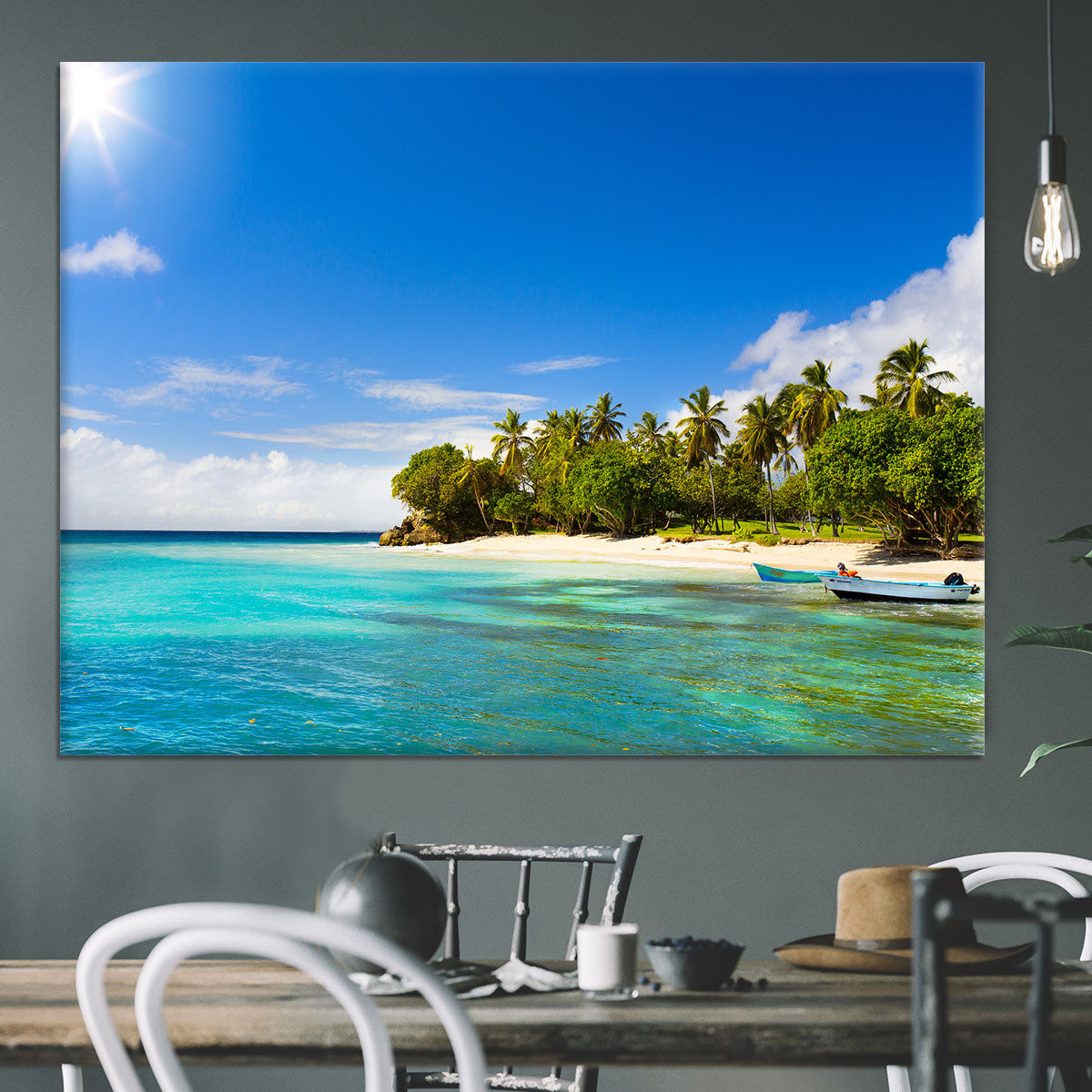 Art Caribbean beach with fishing boat Canvas Print or Poster - Canvas Art Rocks - 3
