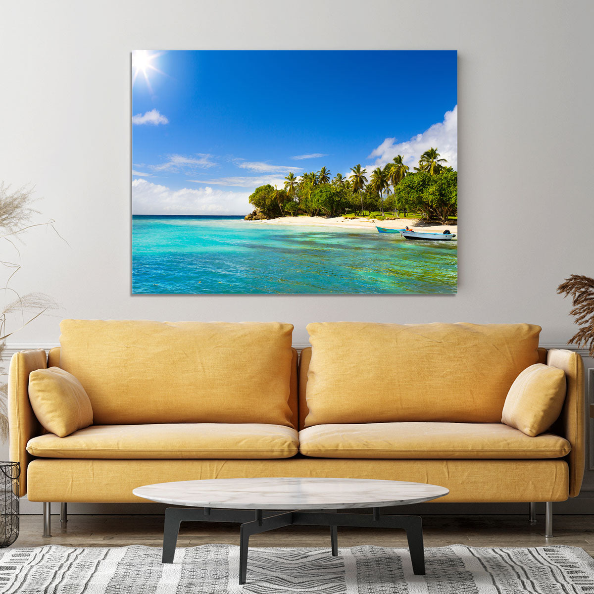 Art Caribbean beach with fishing boat Canvas Print or Poster - Canvas Art Rocks - 4