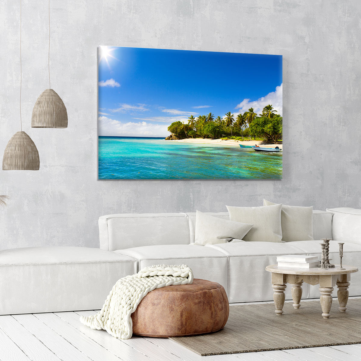 Art Caribbean beach with fishing boat Canvas Print or Poster - Canvas Art Rocks - 6