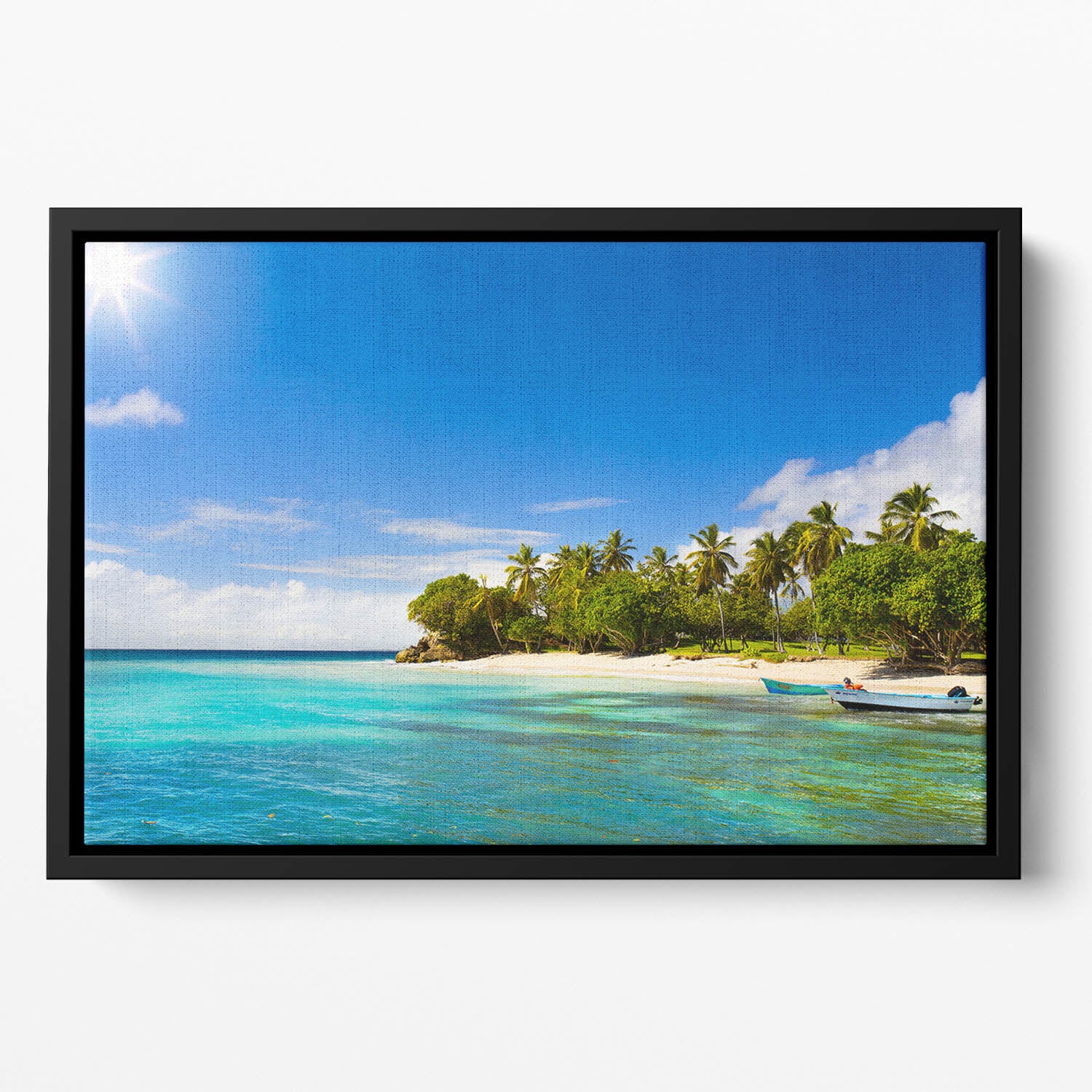 Art Caribbean beach with fishing boat Floating Framed Canvas