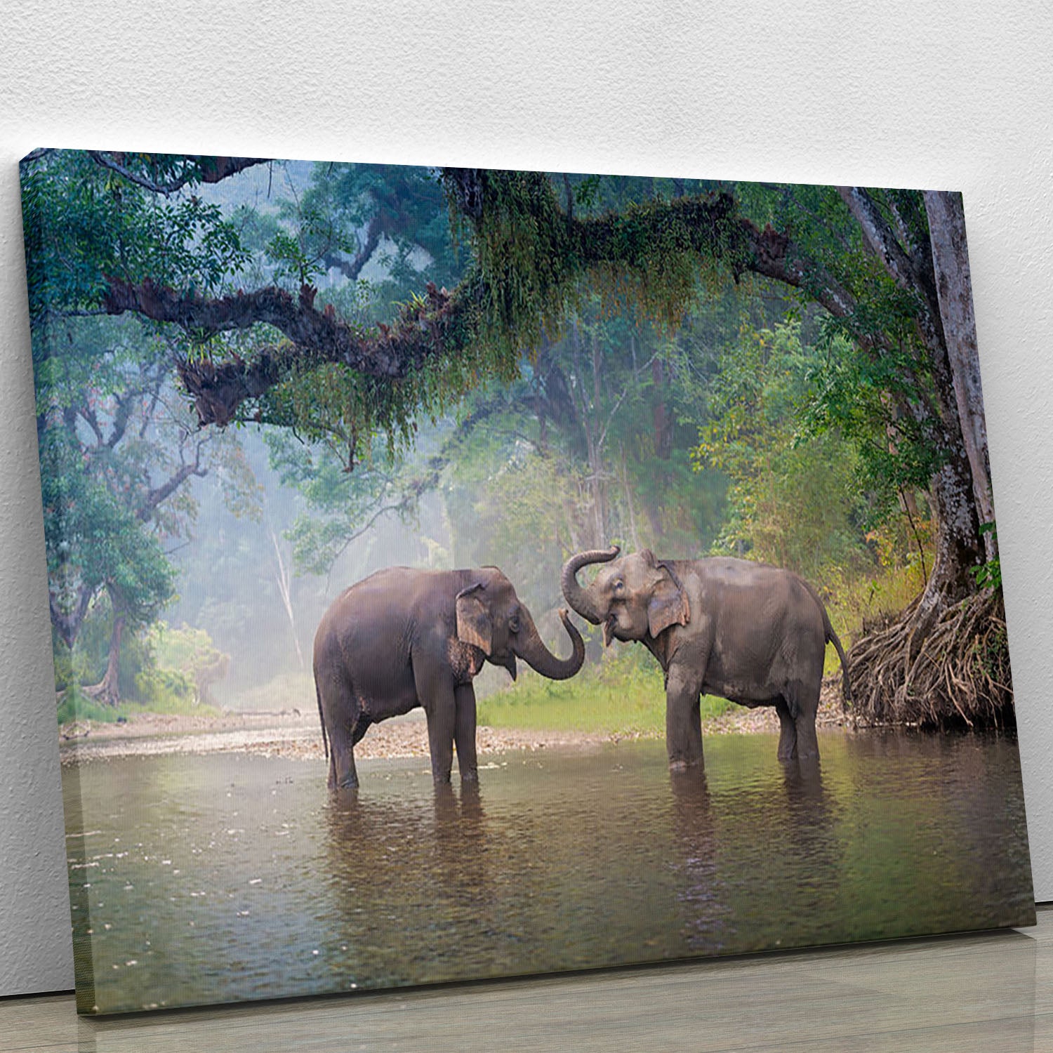 Asian Elephants in a natural river at deep forest Canvas Print or Poster - Canvas Art Rocks - 1