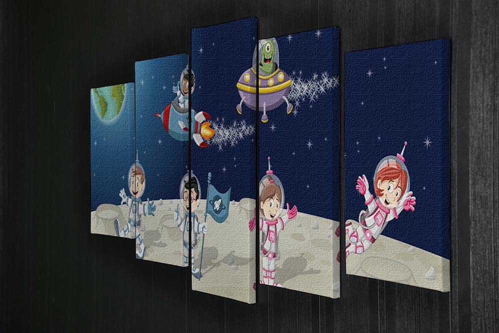 Astronaut cartoon characters on the moon with the alien spaceship 5 Split Panel Canvas - Canvas Art Rocks - 2