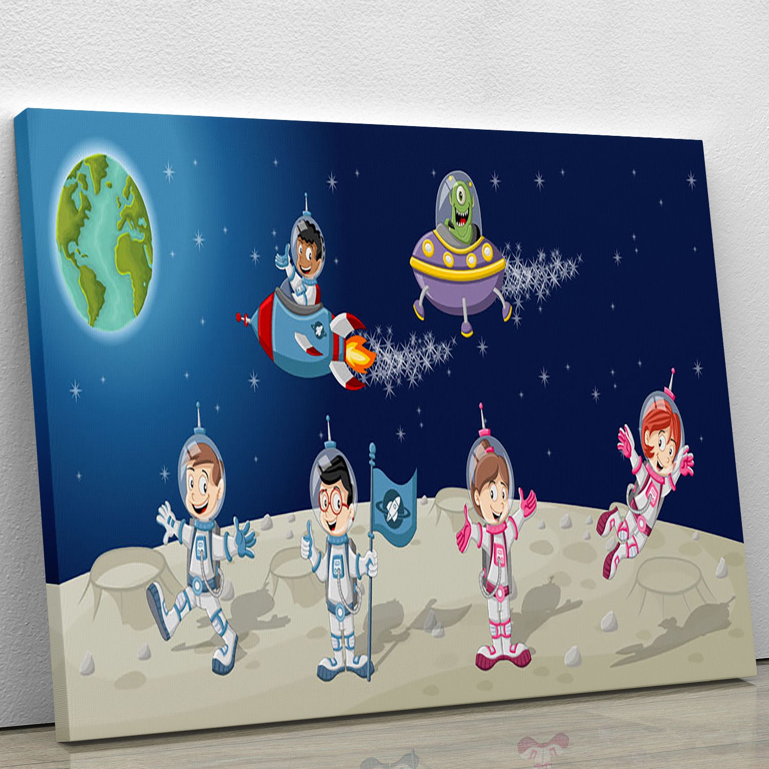 Astronaut cartoon characters on the moon with the alien spaceship Canvas Print or Poster - Canvas Art Rocks - 1