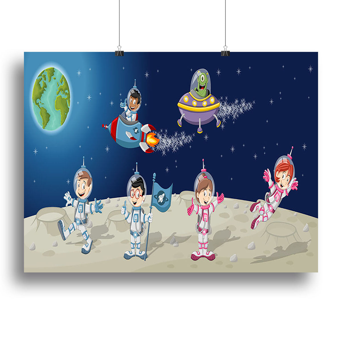 Astronaut cartoon characters on the moon with the alien spaceship Canvas Print or Poster - Canvas Art Rocks - 2