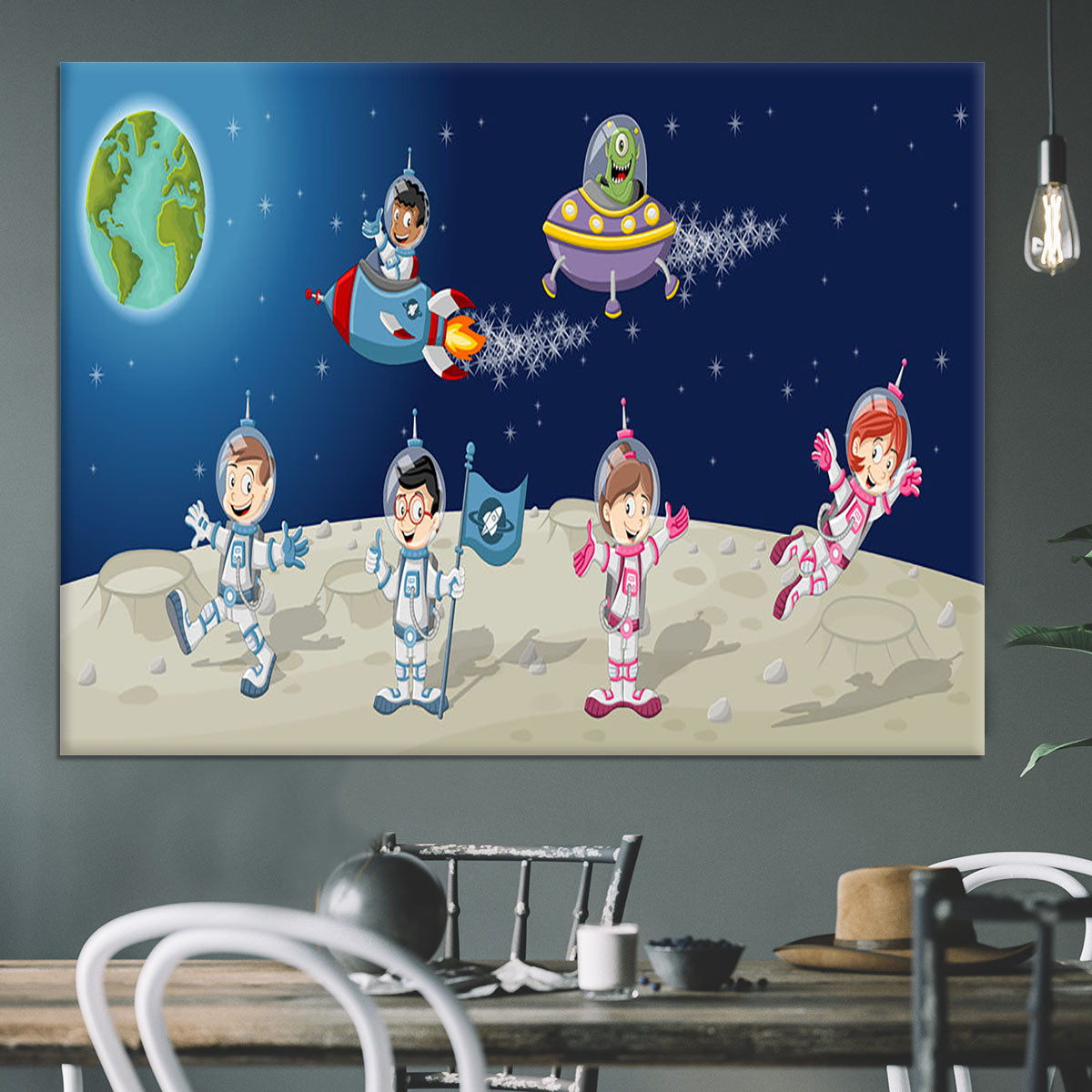 Astronaut cartoon characters on the moon with the alien spaceship Canvas Print or Poster - Canvas Art Rocks - 3
