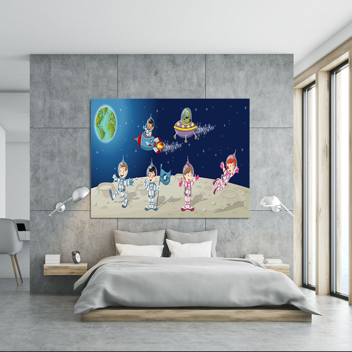Astronaut cartoon characters on the moon with the alien spaceship Canvas Print or Poster - Canvas Art Rocks - 5