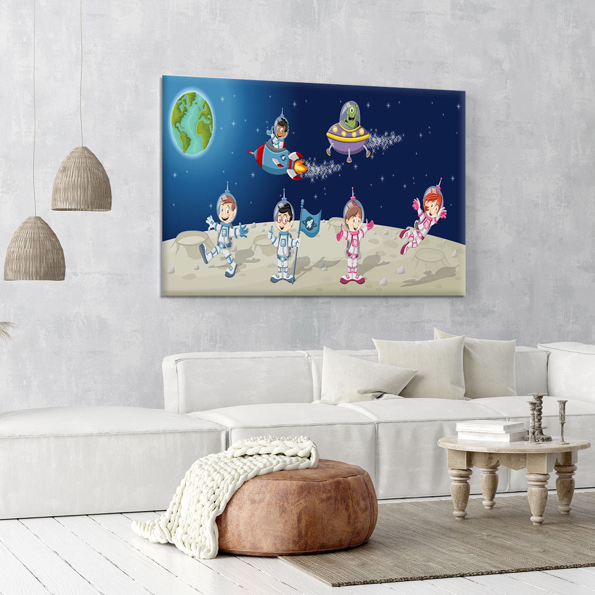 Astronaut cartoon characters on the moon with the alien spaceship Canvas Print or Poster - Canvas Art Rocks - 6