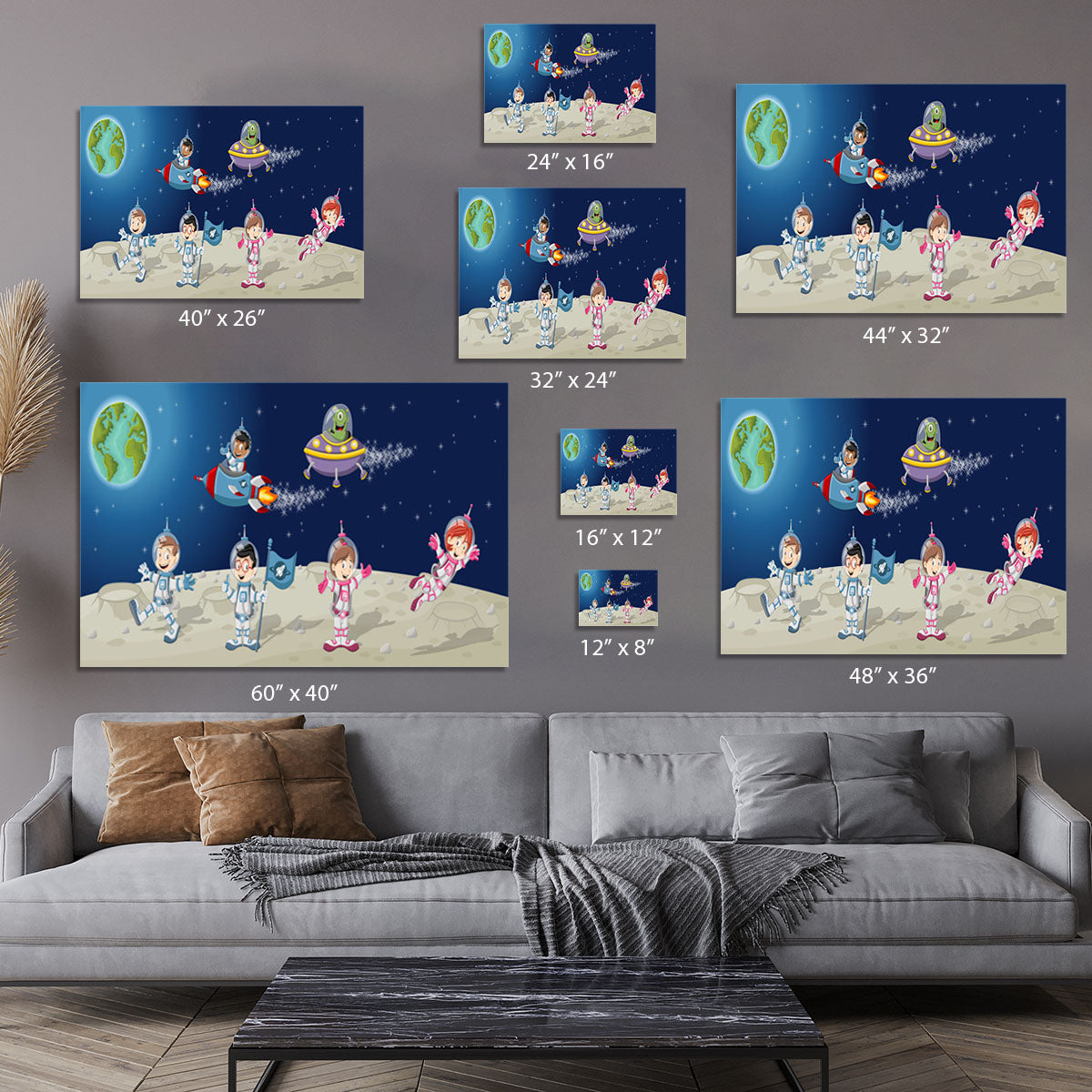 Astronaut cartoon characters on the moon with the alien spaceship Canvas Print or Poster - Canvas Art Rocks - 7