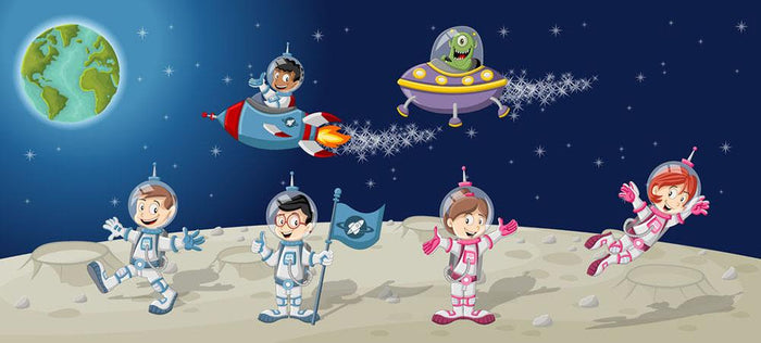 Astronaut cartoon characters on the moon with the alien spaceship Wall Mural Wallpaper