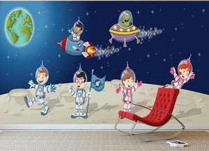 Astronaut cartoon characters on the moon with the alien spaceship Wall Mural Wallpaper - Canvas Art Rocks - 2