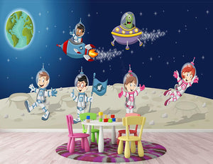 Astronaut cartoon characters on the moon with the alien spaceship Wall Mural Wallpaper - Canvas Art Rocks - 3