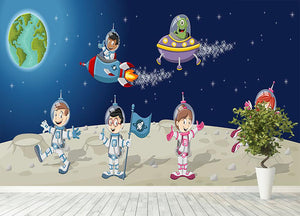 Astronaut cartoon characters on the moon with the alien spaceship Wall Mural Wallpaper - Canvas Art Rocks - 4