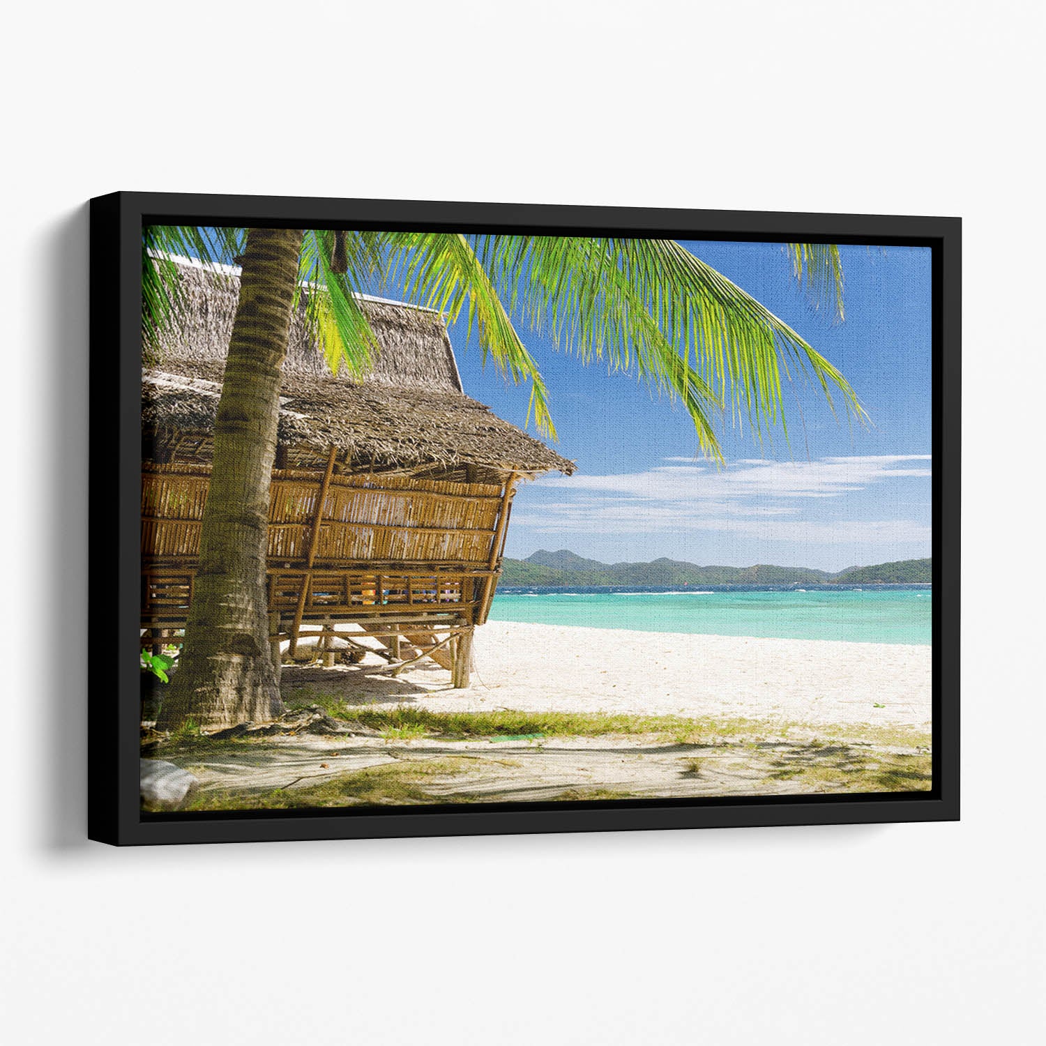 Bamboo hut on a tropical beach Floating Framed Canvas