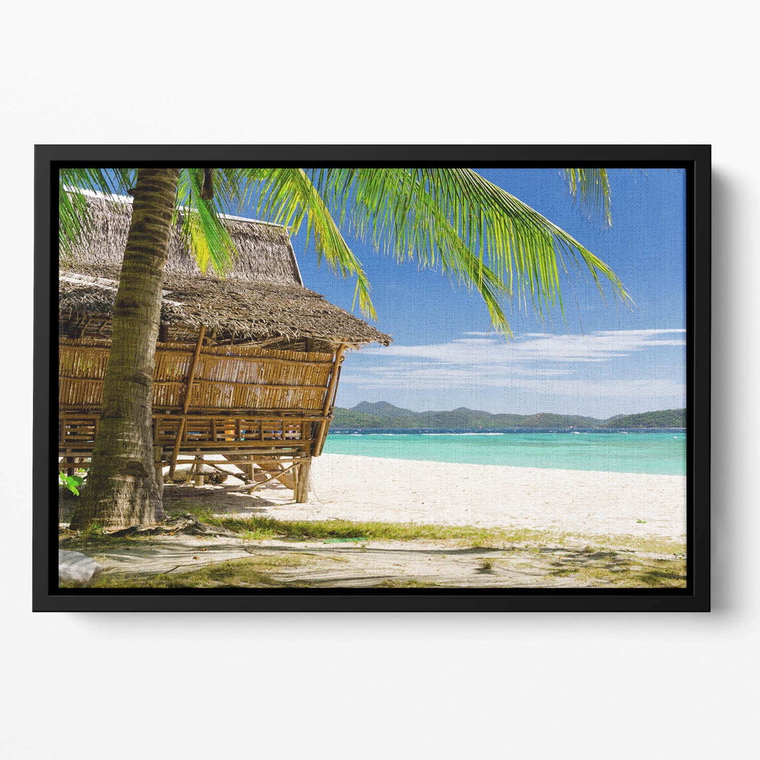 Bamboo hut on a tropical beach Floating Framed Canvas