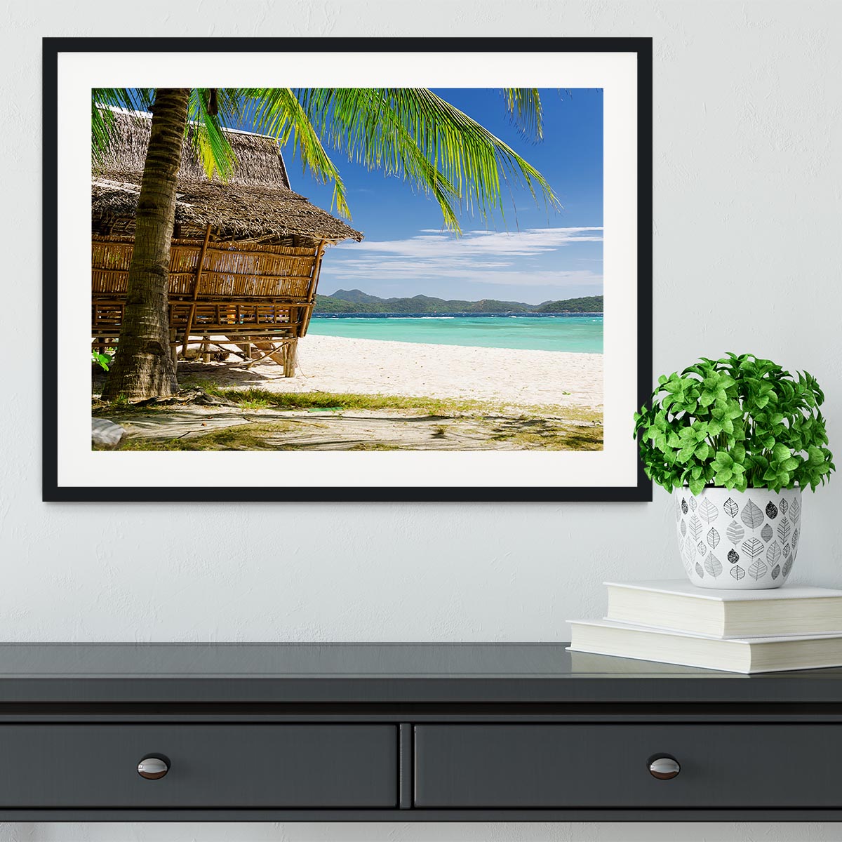Bamboo hut on a tropical beach Framed Print - Canvas Art Rocks - 1