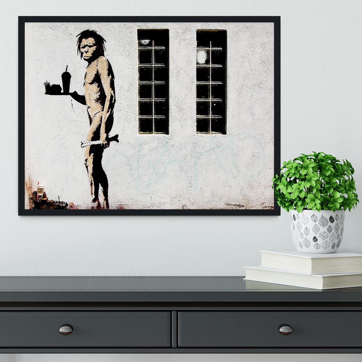 Banksy Caveman Takeaway Framed Print - Canvas Art Rocks - 2