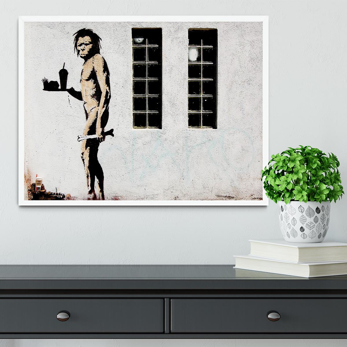 Banksy Caveman Takeaway Framed Print - Canvas Art Rocks -6