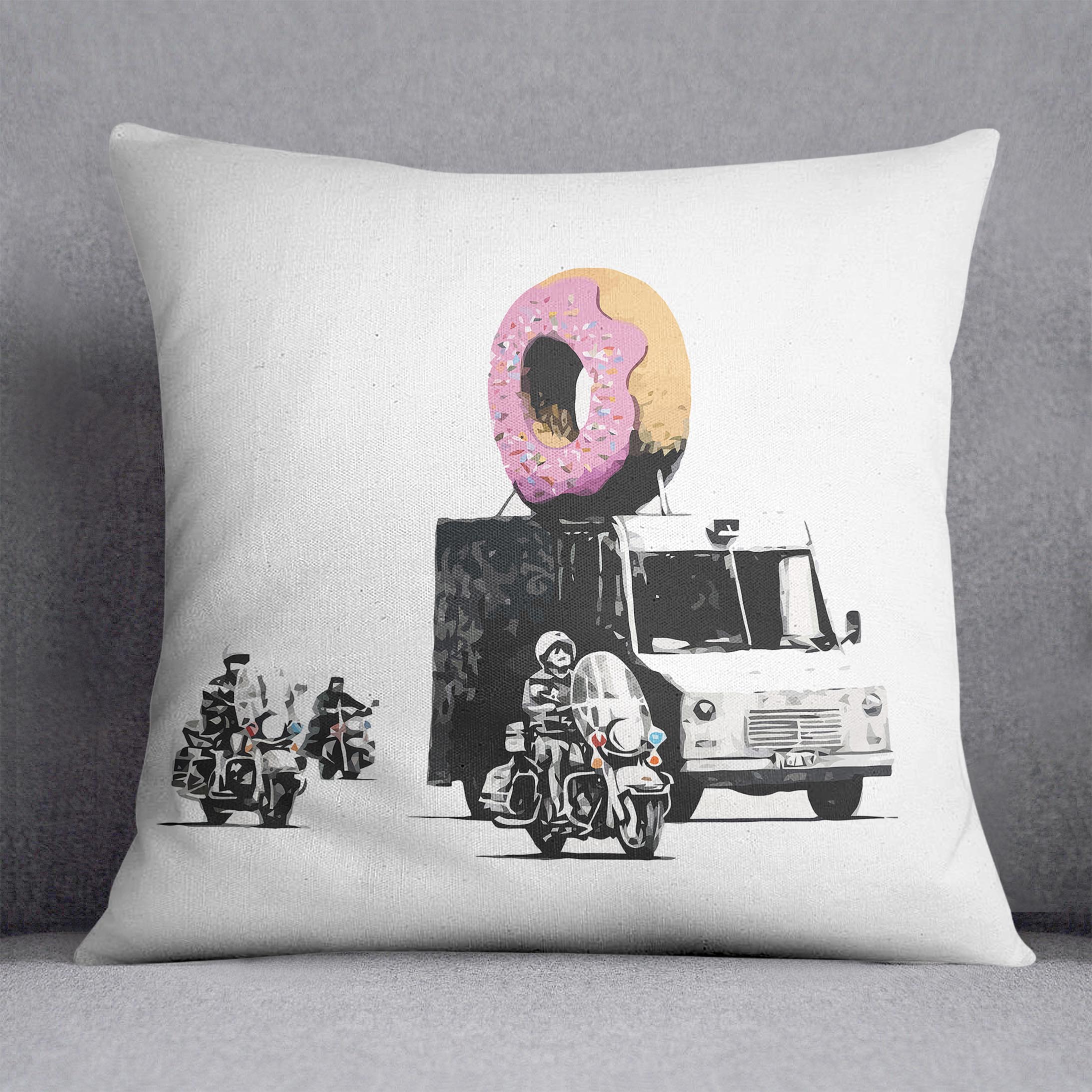 Banksy Doughnut Police Escort Cushion