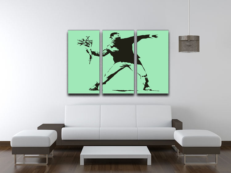 Banksy Flower Thrower Green 3 Split Panel Canvas Print - Canvas Art Rocks - 3