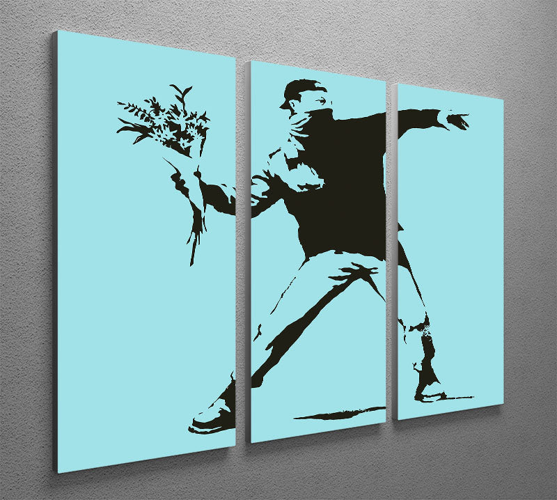 Banksy Flower Thrower Light Blue 3 Split Panel Canvas Print - Canvas Art Rocks - 2