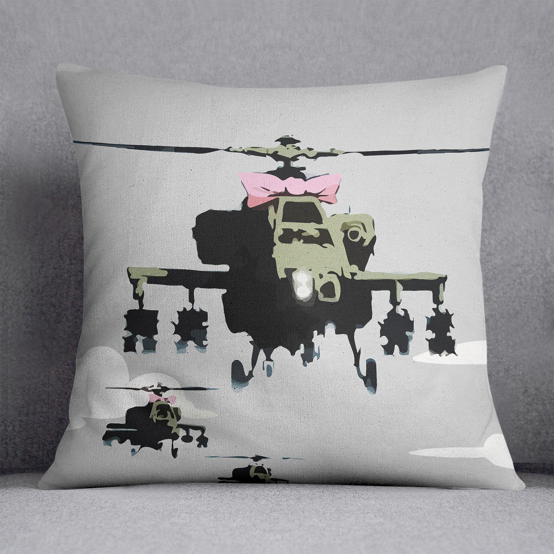 Banksy Friendly Helicopters Cushion - Canvas Art Rocks - 1