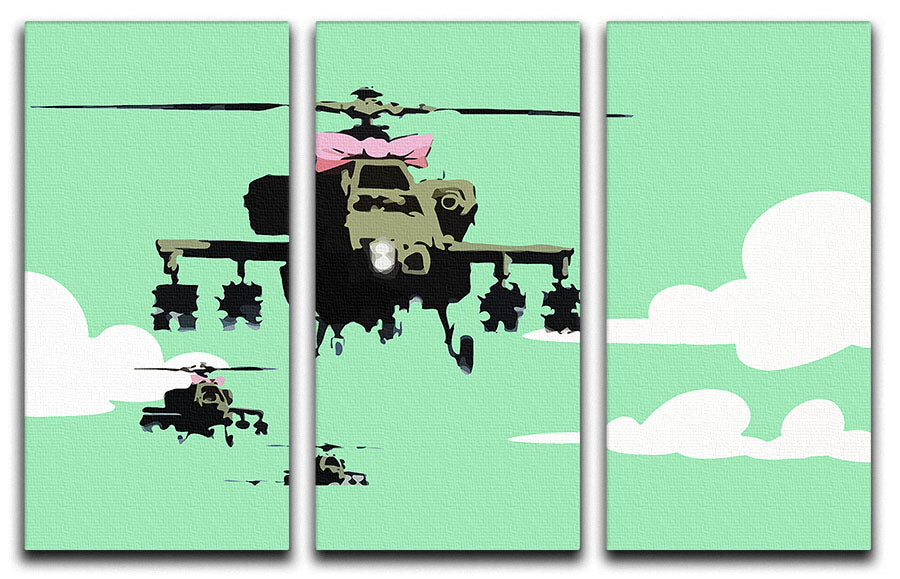 Banksy Friendly Helicopters Green 3 Split Panel Canvas Print - Canvas Art Rocks - 1