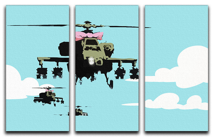 Banksy Friendly Helicopters Light Blue 3 Split Panel Canvas Print - Canvas Art Rocks - 1
