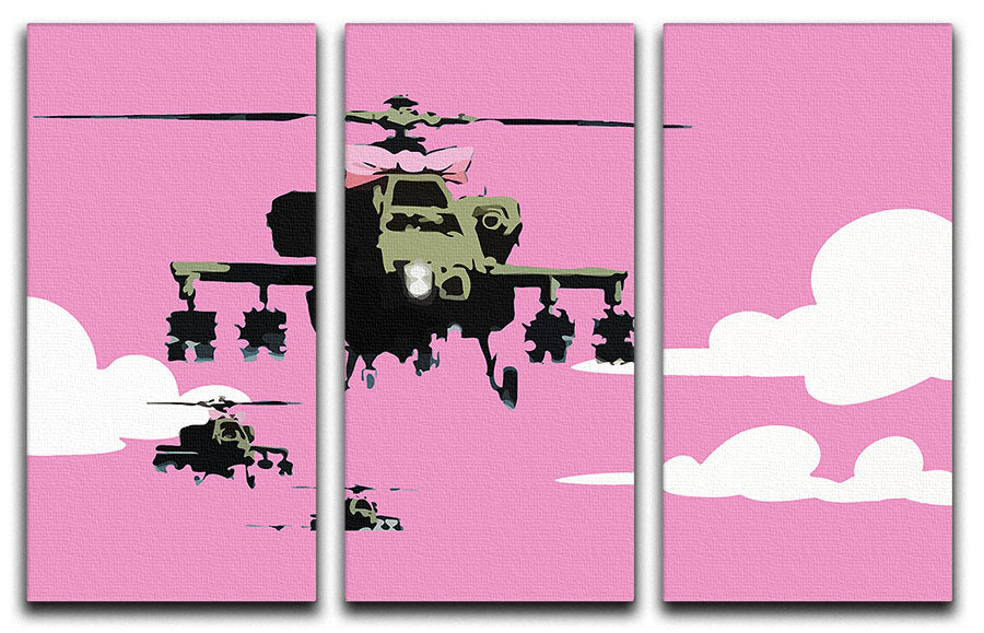 Banksy Friendly Helicopters Pink 3 Split Panel Canvas Print - Canvas Art Rocks - 1