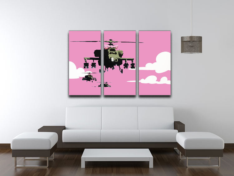 Banksy Friendly Helicopters Pink 3 Split Panel Canvas Print - Canvas Art Rocks - 3