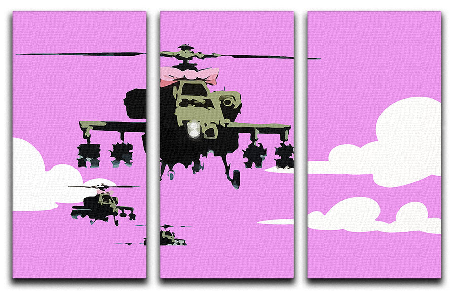 Banksy Friendly Helicopters Purple 3 Split Panel Canvas Print - Canvas Art Rocks - 1