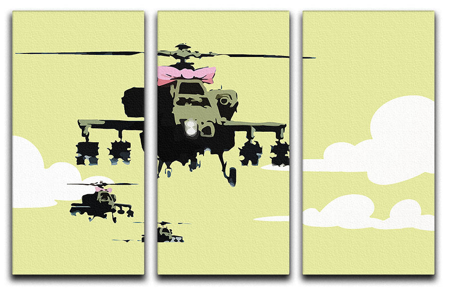 Banksy Friendly Helicopters Yellow 3 Split Panel Canvas Print - Canvas Art Rocks - 1