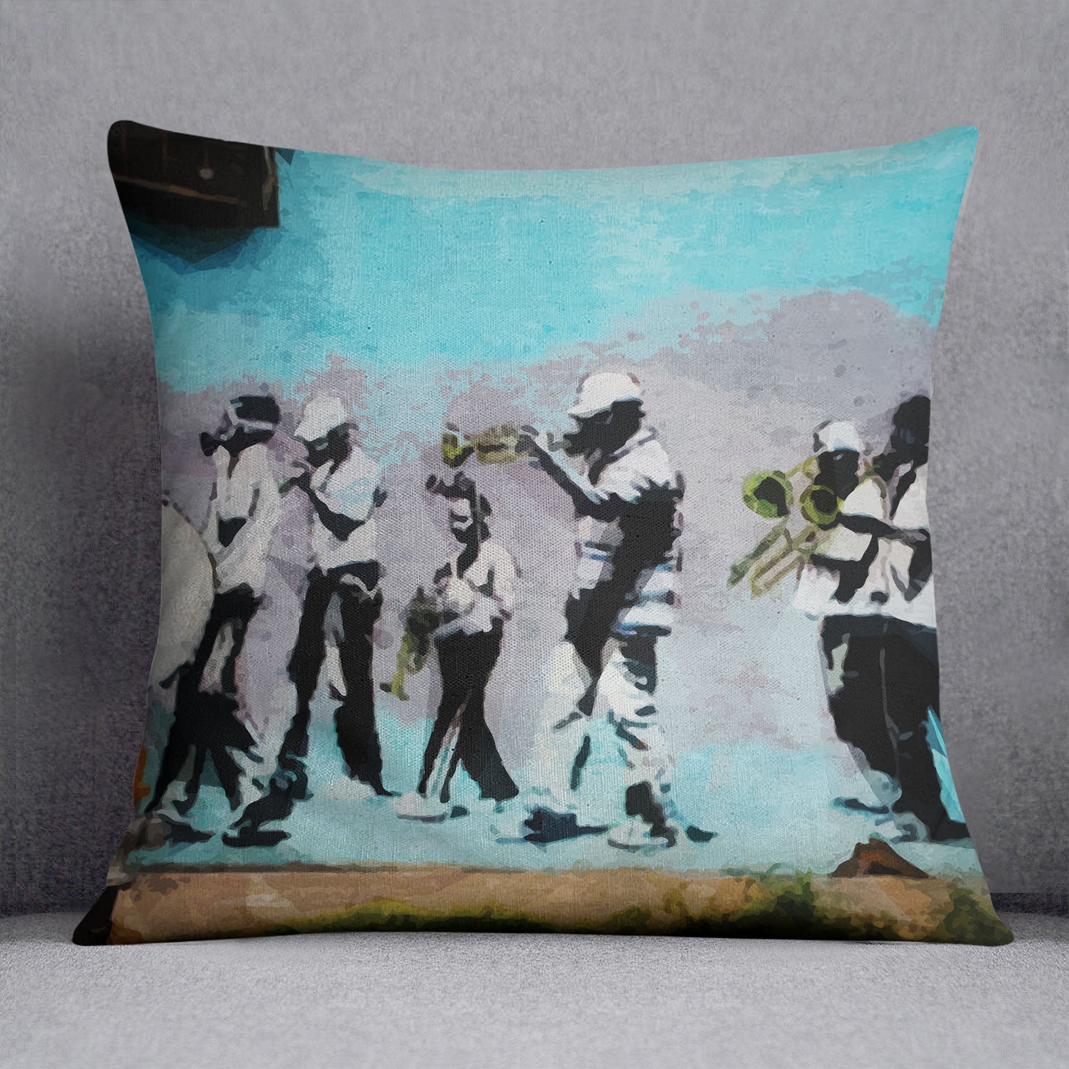 Banksy Gas Mask Marching Band Cushion - Canvas Art Rocks - 1
