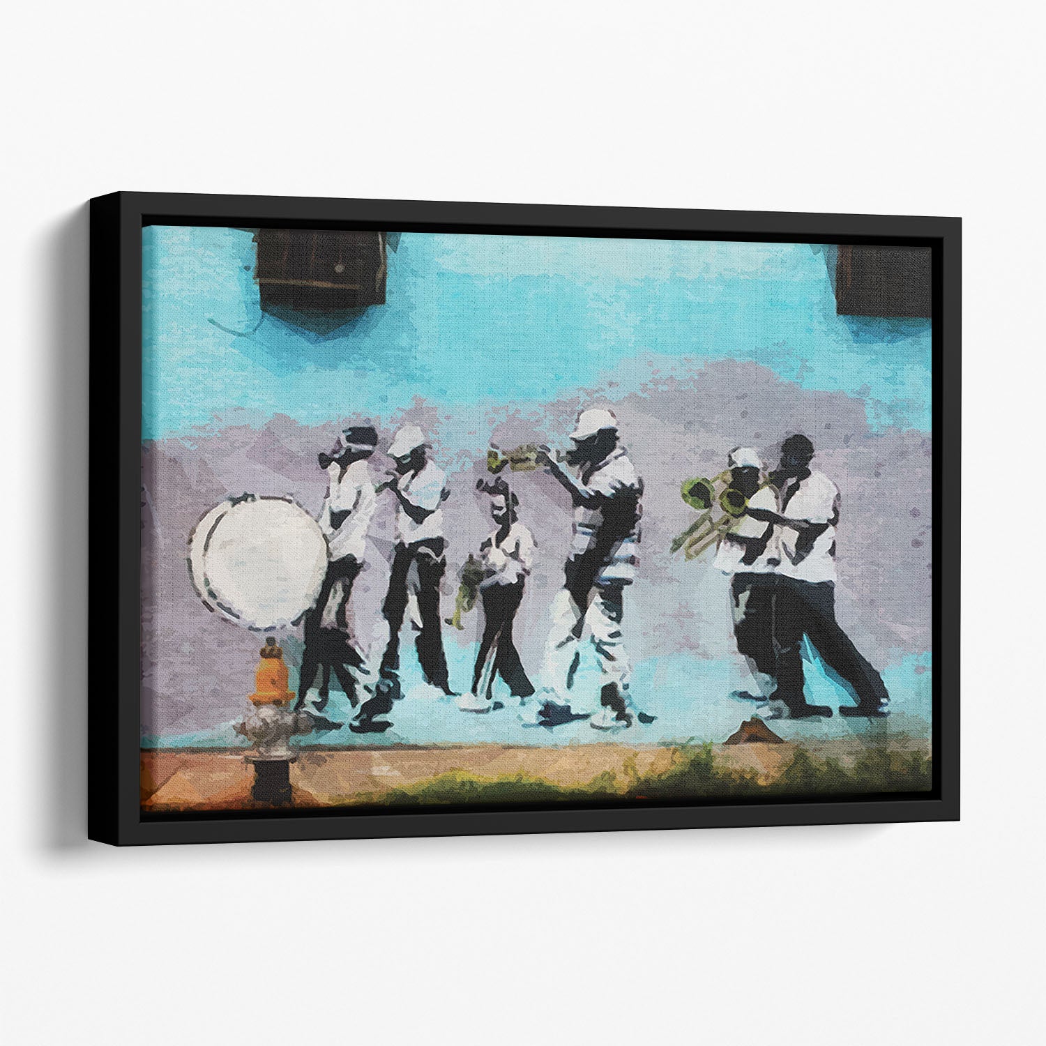 Banksy Gas Mask Marching Band Floating Framed Canvas - Canvas Art Rocks - 1