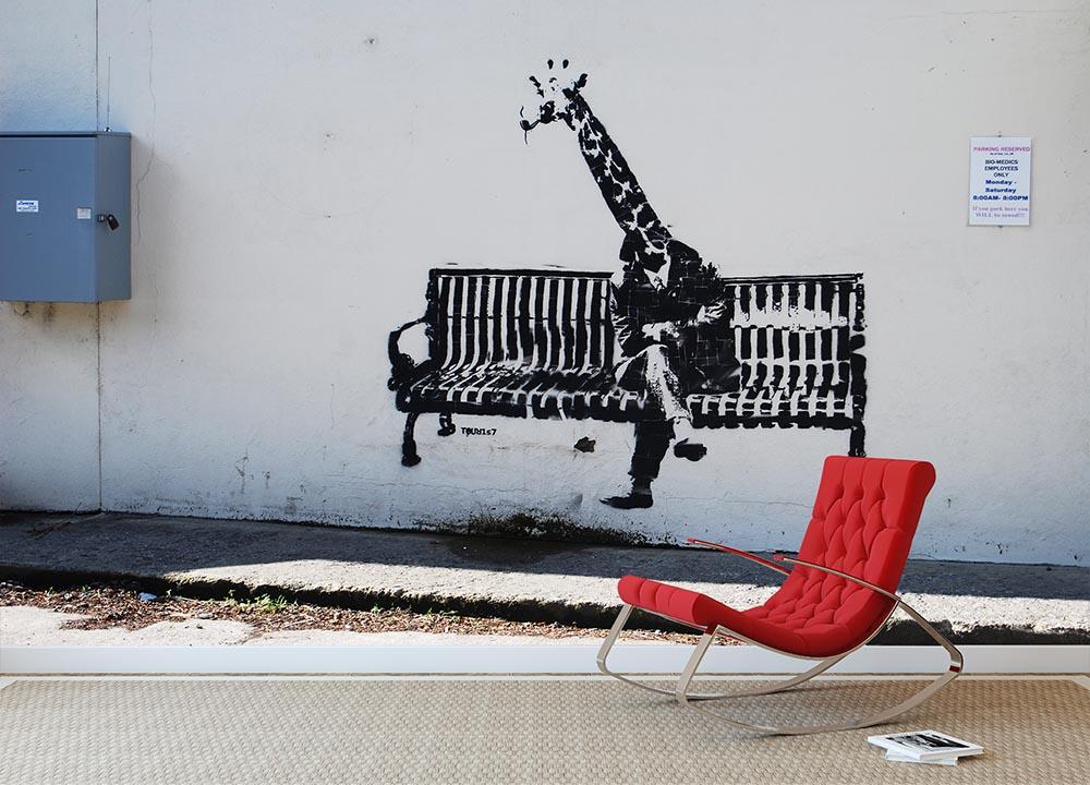 Banksy Giraffe on a Bench Wall Mural Wallpaper - Canvas Art Rocks - 2