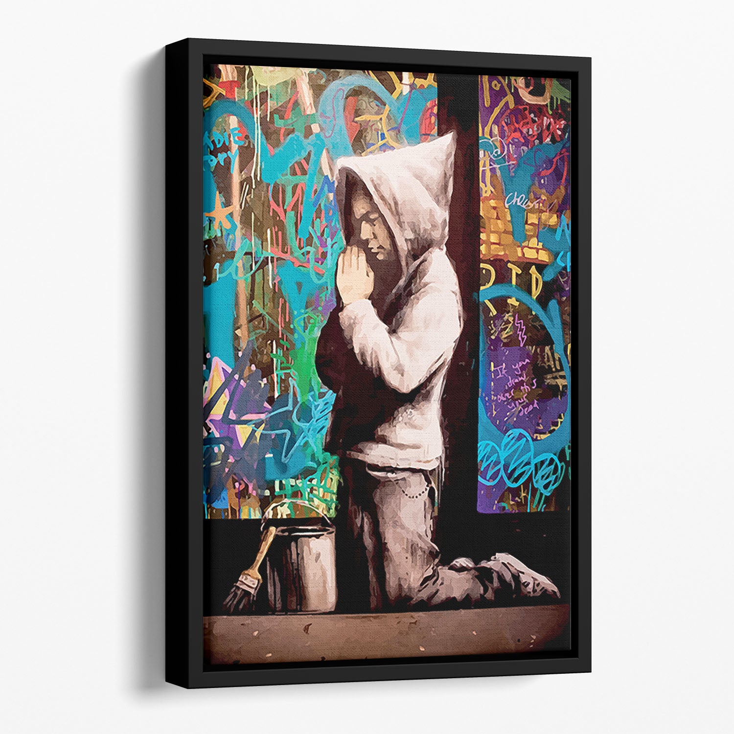 Banksy Graffiti Pray Floating Framed Canvas