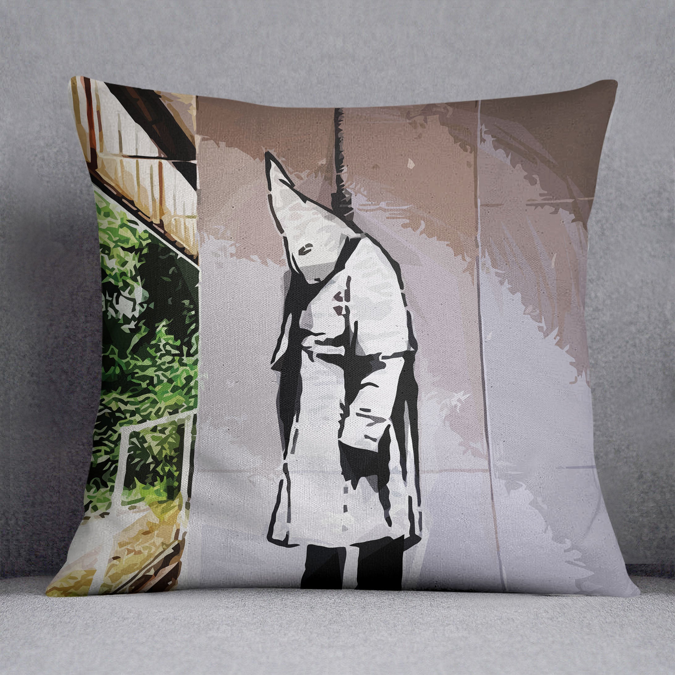 Banksy Hanging KKK Cushion - Canvas Art Rocks - 1