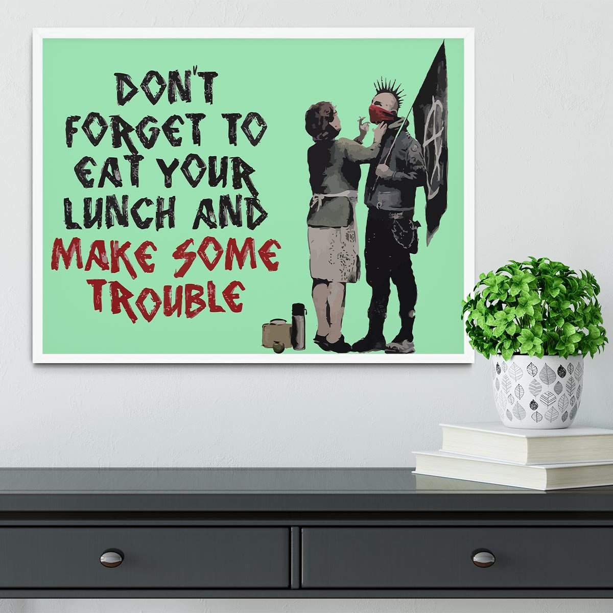Banksy Make Some Trouble Green Framed Print - Canvas Art Rocks -6