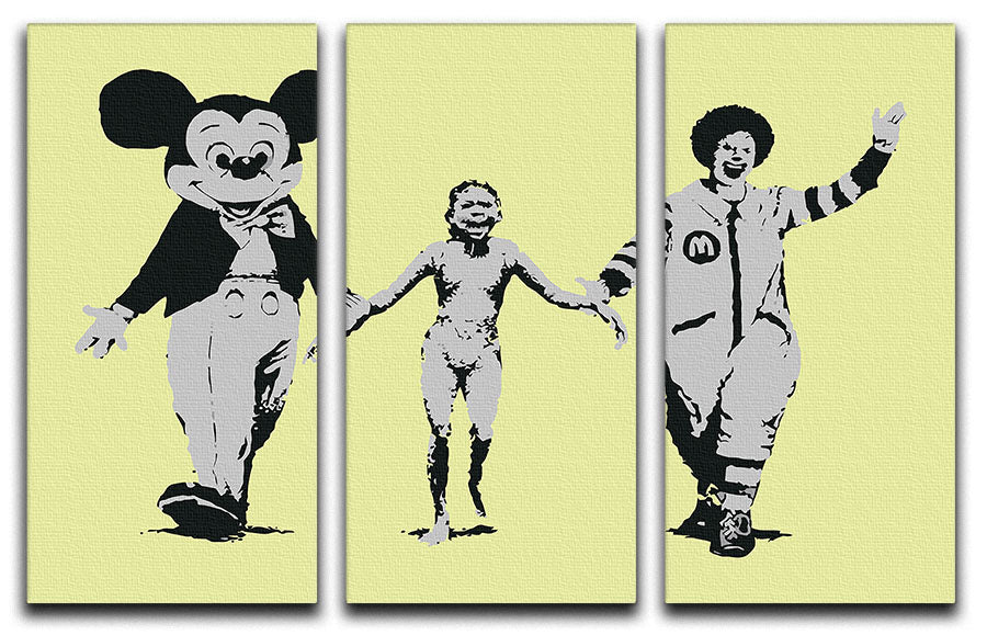 Banksy Mickey and Ronald Yellow 3 Split Panel Canvas Print - Canvas Art Rocks - 1