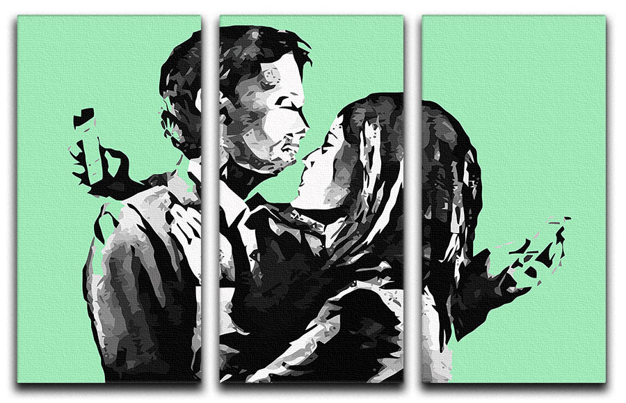 Banksy Mobile Lovers Green 3 Split Panel Canvas Print - Canvas Art Rocks - 1