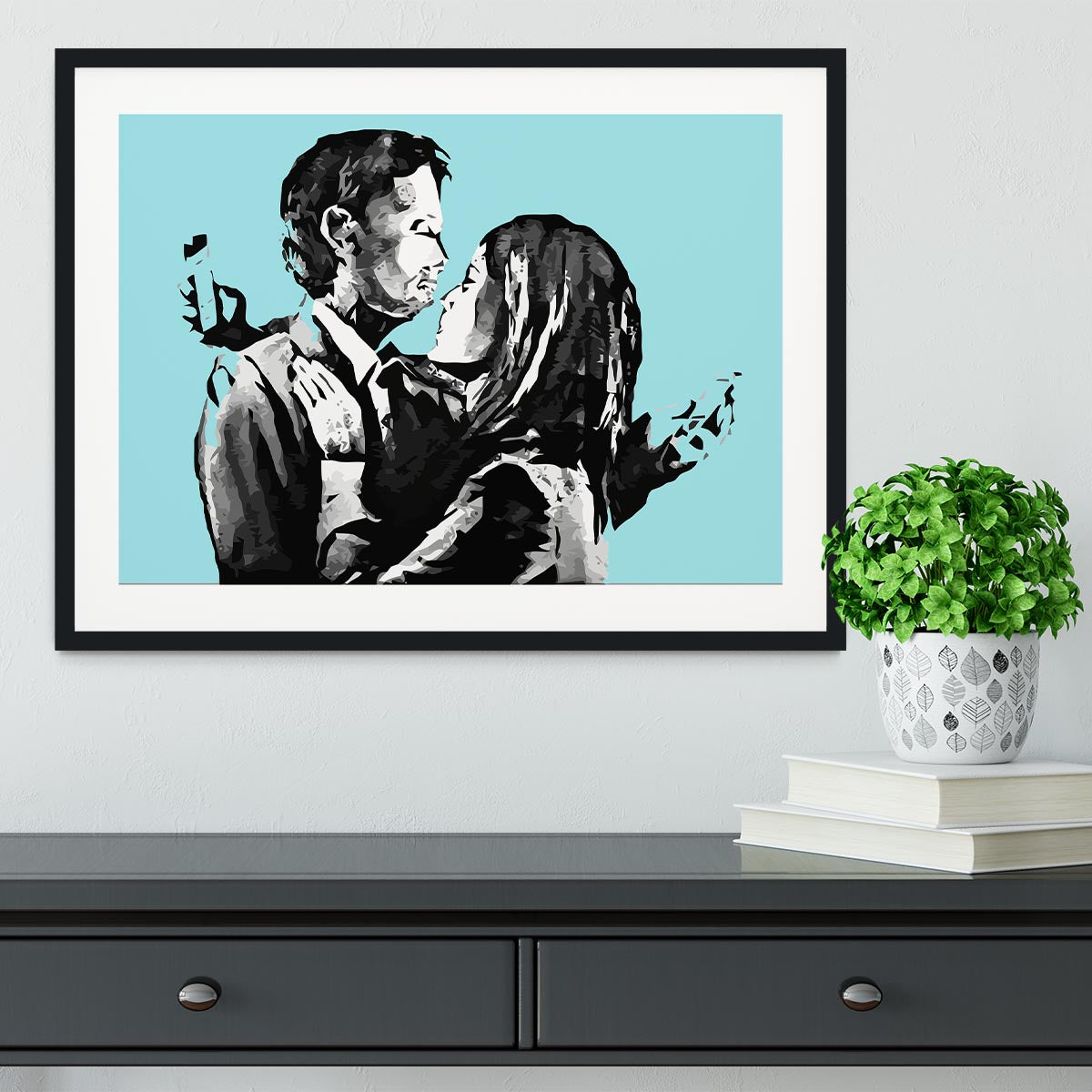 Banksy Mobile Lovers Light Blue Framed Print - Canvas Art Rocks - 1